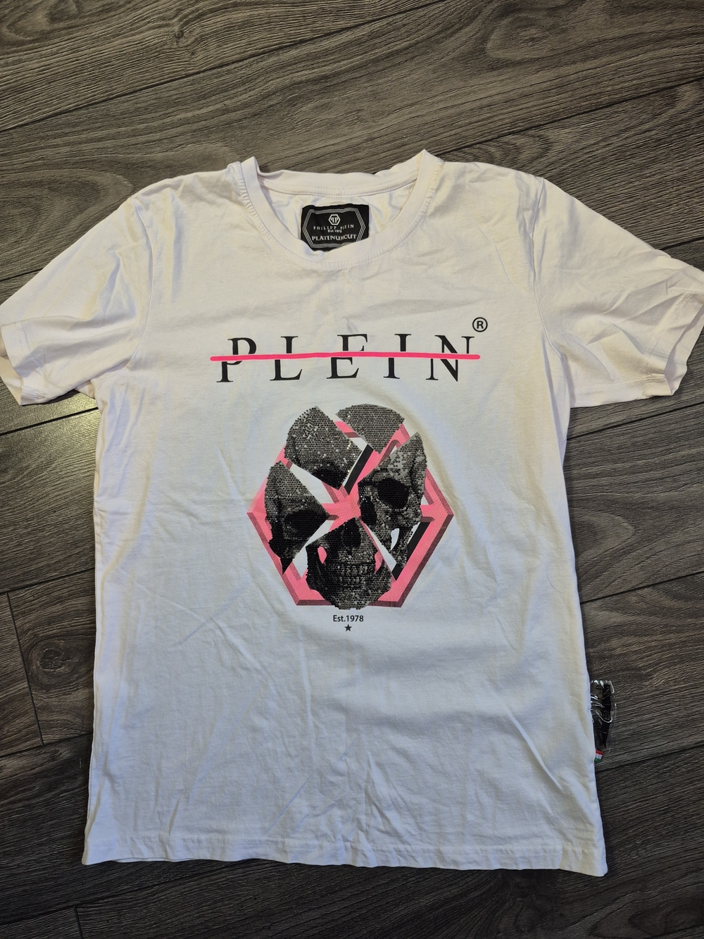 RARE Philipp Plein White Short-Sleeve Tee with Pink and Black Skull Graphic